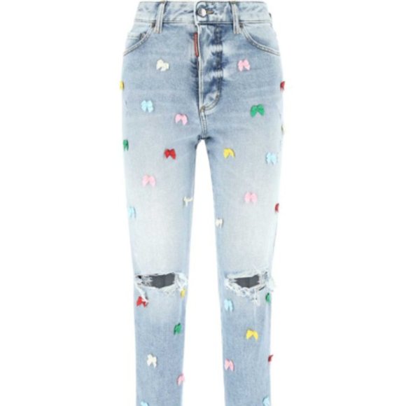 NWOT $1160 38 4 DSQUARED2 Boston Straight Leg Distressed Bow Detail Blue Jeans - Picture 1 of 9